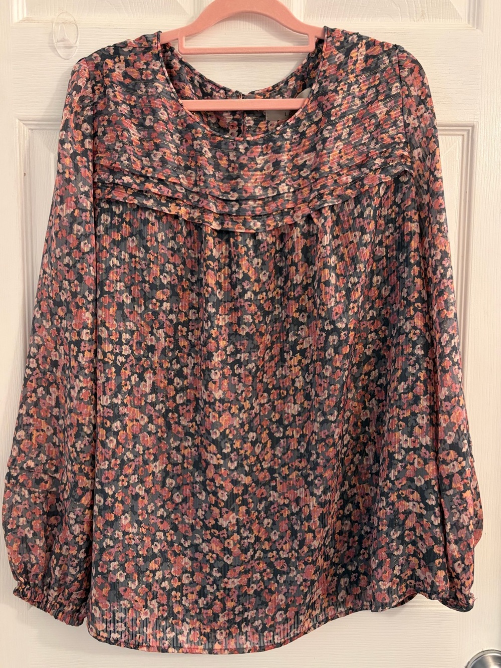 LOFT Navy Floral Pintuck Yoke Blouse with Pink & Coral Blossoms. Size XL $10
